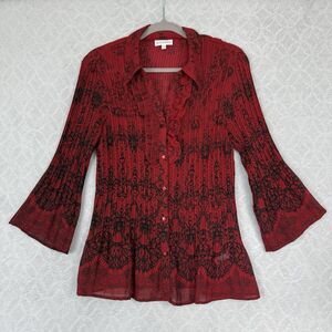 Vtg Y2K Sheer Ruffle Top Womens L Red Black Pleated Fairy Grunge Whimsigoth Emo